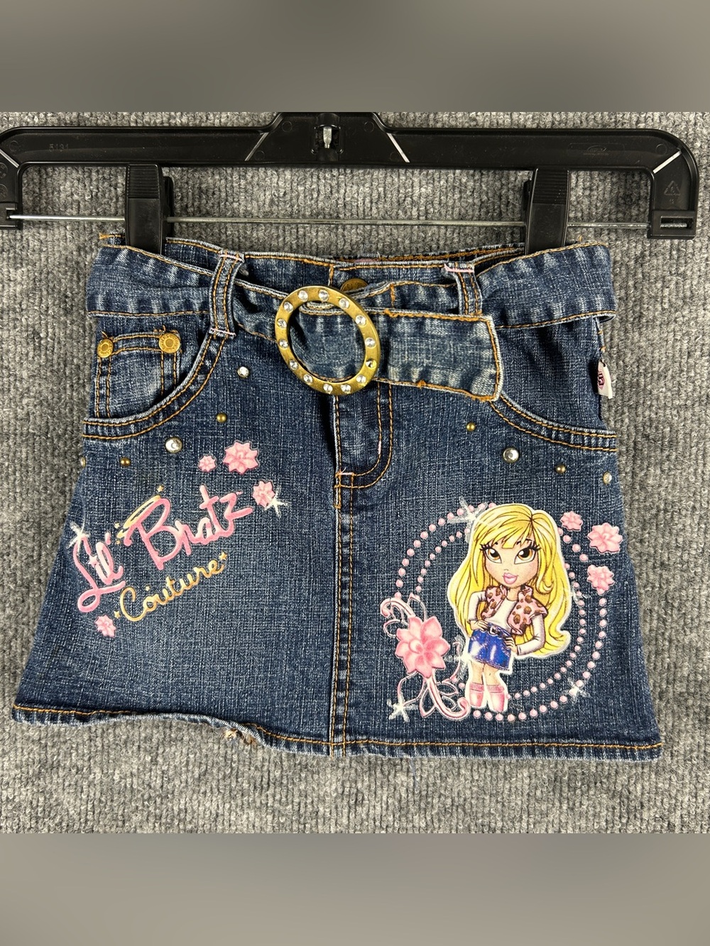 Vintage Lil Bratz Couture Rhinestone Belted Leopard Denim Mini Skirt Girls 4